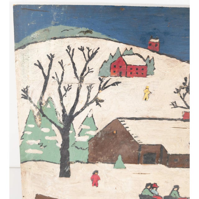 20th Century Americana Folk Art Winter Landscape Sleigh Painting | Chairish