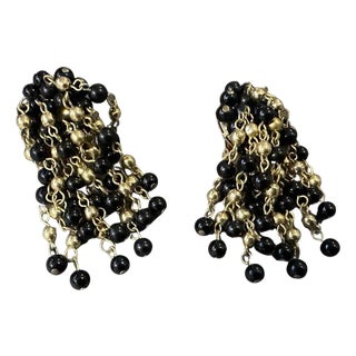1980s Coppola E Toppo Style Brass and Black Beads Italian Chandelier Earrings For Sale