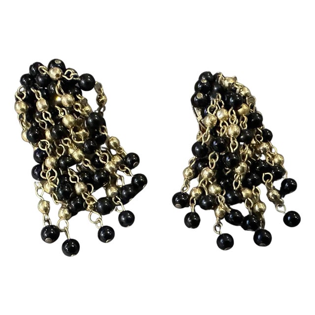 1980s Coppola E Toppo Style Brass and Black Beads Italian Chandelier Earrings For Sale