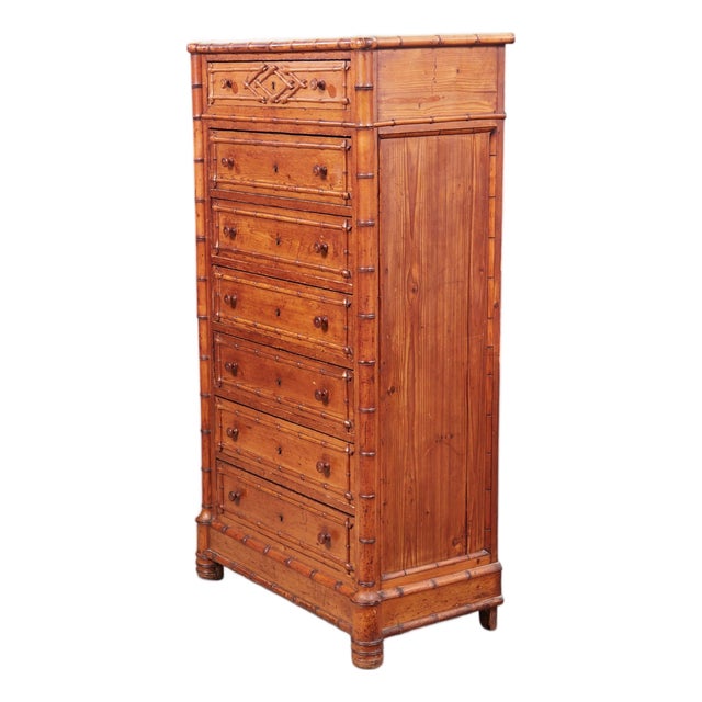 19th Century French Faux Bamboo Semainier Commode–Seven-Drawer Pine Chest For Sale