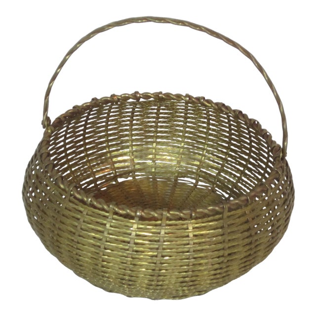 Vintage Round Woven Brass Basket For Sale