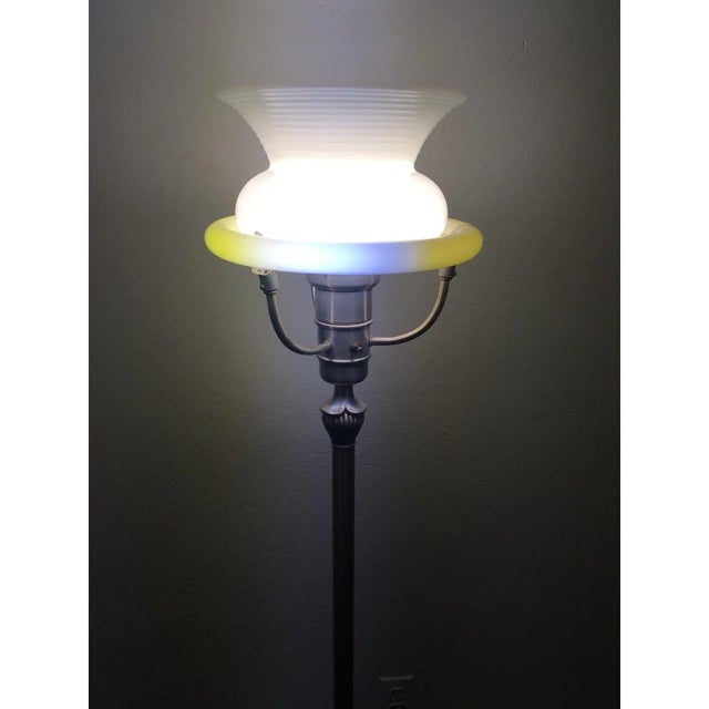 1930s Art Deco Slivered Metal Torchiere & Milk Glass Diffuser For Sale - Image 12 of 13