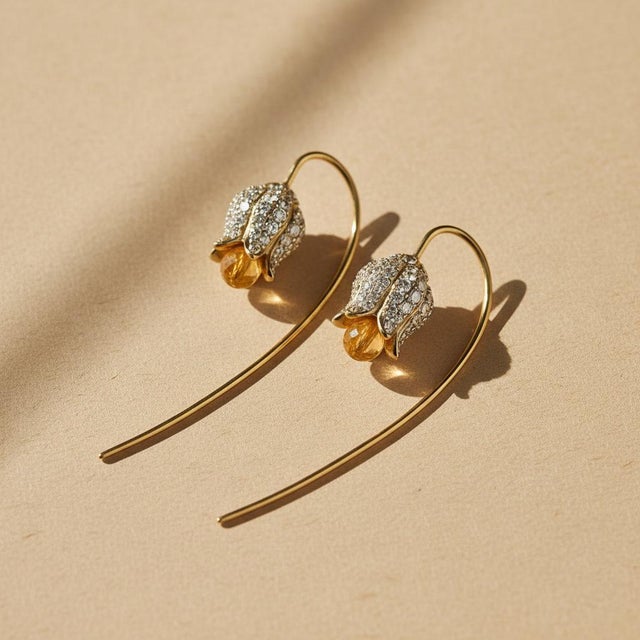 Silver, Gold Lily Flower Earrings With Citrine Briolettes, Pair For Sale - Image 4 of 6