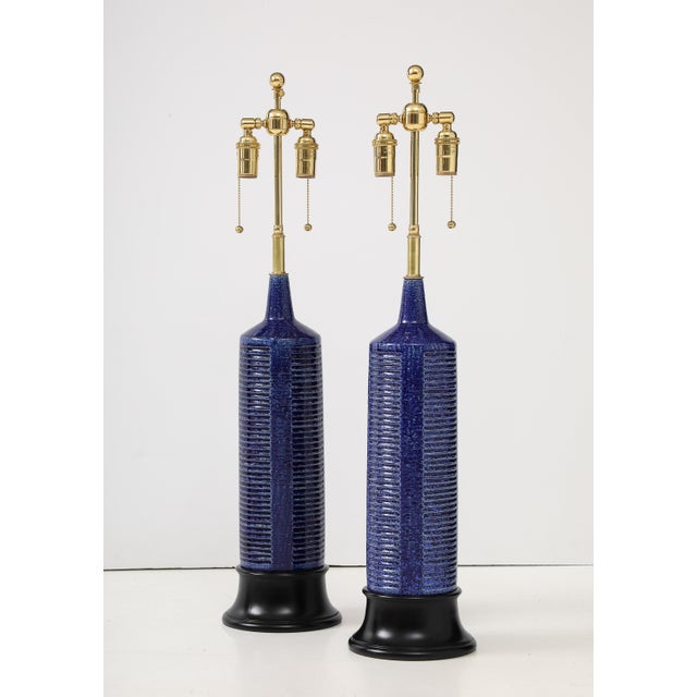 Mid-Century Modern 1960's Italian Ceramic Lamps With A Cobalt Blue Glaze - a Pair For Sale - Image 3 of 8