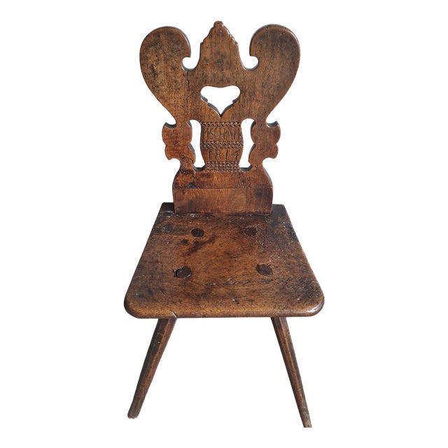 German Peasant Chair with Heart Carving an Initials, 1814 For Sale
