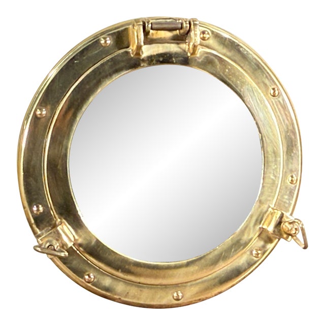 Vintage Nautical Brass Porthole Wall Mirror With Rivet Detail For Sale