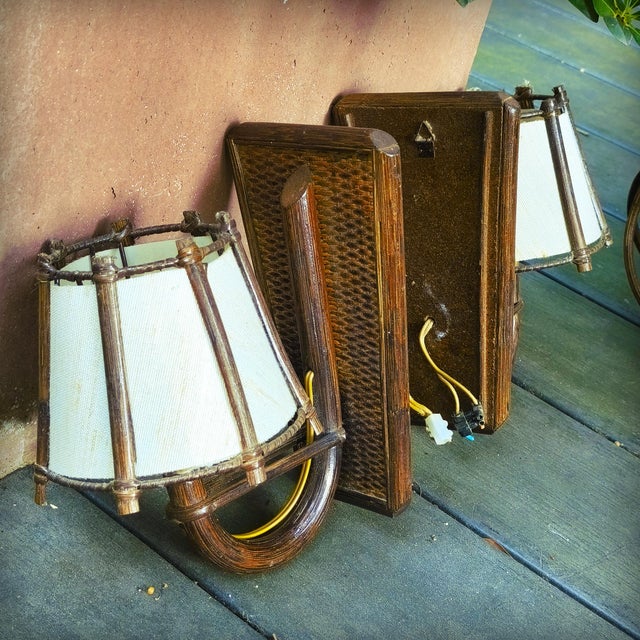Brown Rattan Pendant Light and Wall Lights by Louis Sognot, France, 1950s, Set of 3 For Sale - Image 8 of 11