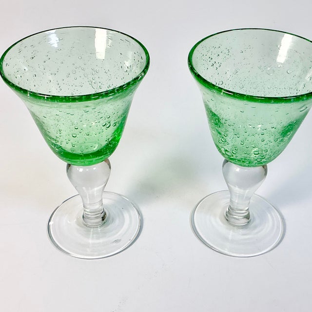 Vintage Italian Rustic European Controlled Bubble Hand Blown Glass Wine Goblets - Set of 7, After Murano For Sale - Image 9 of 9