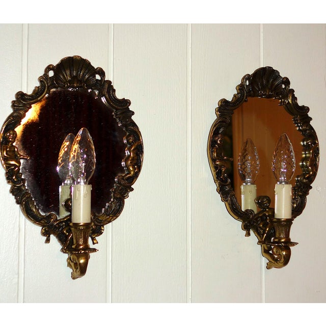 Metal Antique Brass Mirror Putti Wall Lamps from Unbekannt, 1920s, Set of 2 For Sale - Image 7 of 8