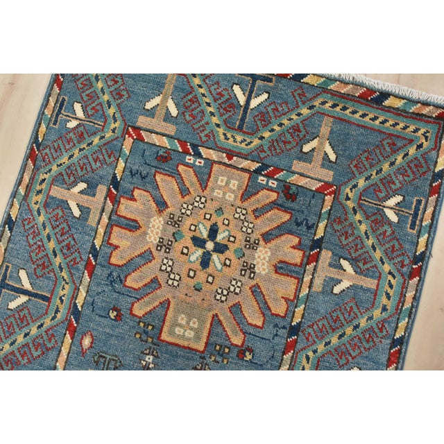 Kazak Runner 2’7” X 9’9” Blue Wool Tribal Hand-Knotted Oriental Rug For Sale In Philadelphia - Image 6 of 13