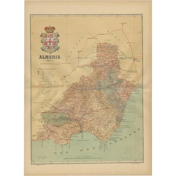 Almería Coastal Contours and Landscapes in a Map of Southeastern Spain, 1901 For Sale