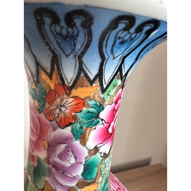 Vintage Chinese Famille Rose Style Hand-Painted Porcelain Vase With Gilt, 13" For Sale - Image 11 of 12