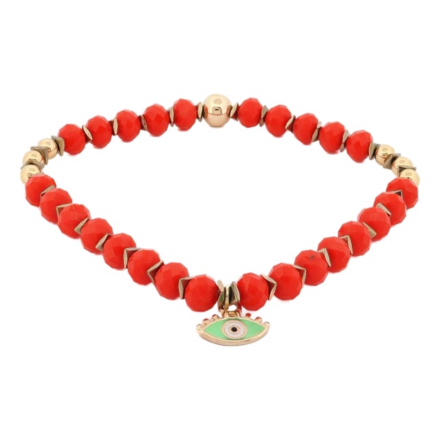 Red Flame & Green Gaze Evil Eye Beaded Anklet For Sale