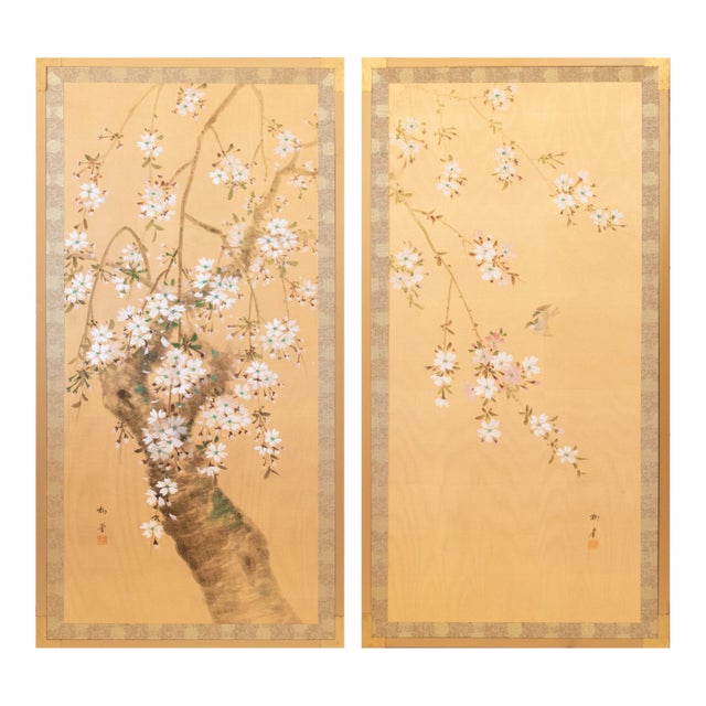 C. 1970s "Sparrow and Blossoming Sakura" Showa Era Japanese Painted Silk Panels, a Pair For Sale