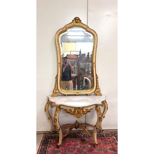 Louis XV Curved Console Table and Mirror in Gilded and Lacquered Wood For Sale - Image 6 of 10