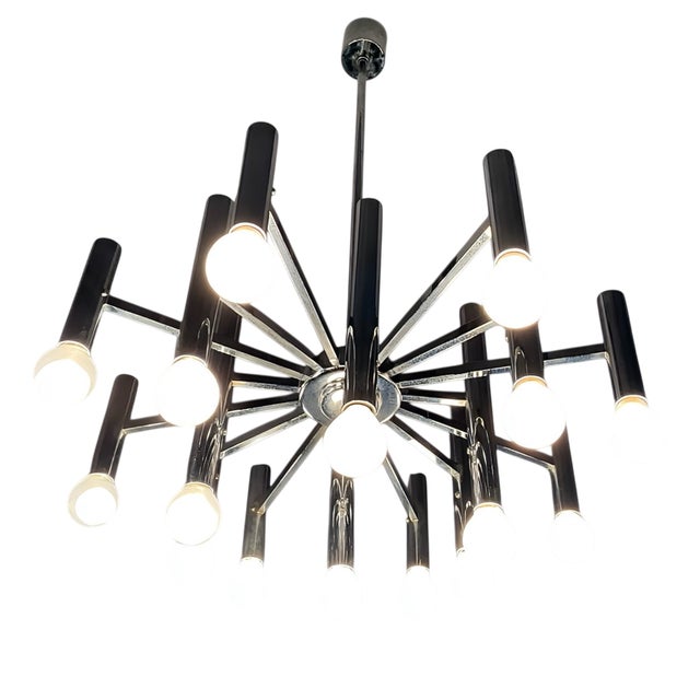 Large Mid-Century Space Age Italian Modern Tubular Chrome Chandelier in Style of Gaetano Sciolari , 1960s For Sale