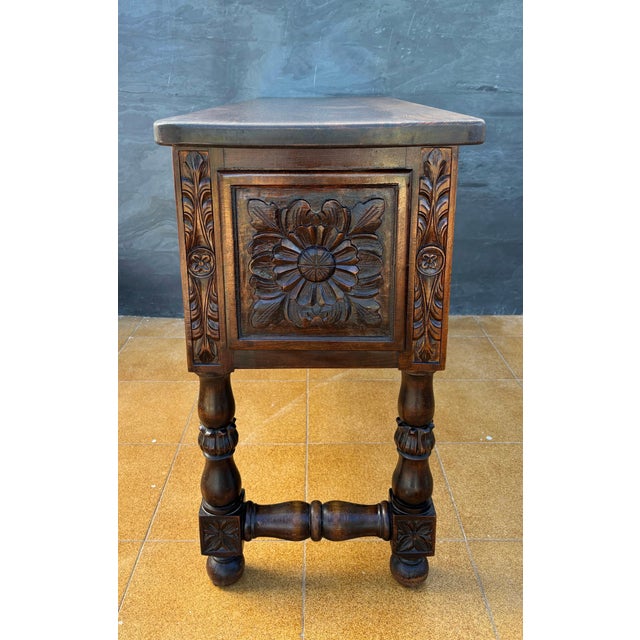 Brown Spanish Renaissance Revival Oak Six-Drawer Console with Carved Panels, 1930s For Sale - Image 8 of 9