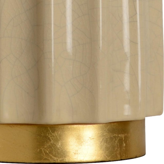 Tan crackled ceramic glaze with gold leaf accents 27.5h x 5w x 5d Shade Dimensions: top(15) bottom(16) side(10)