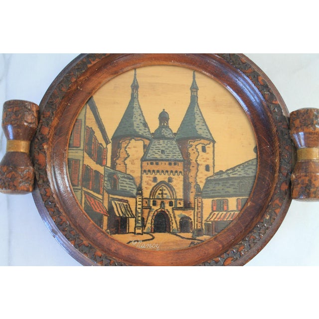 Small vintage wood inlaid marquetry tray with handles. Signed "Nancy". Some age wear to wood frame.