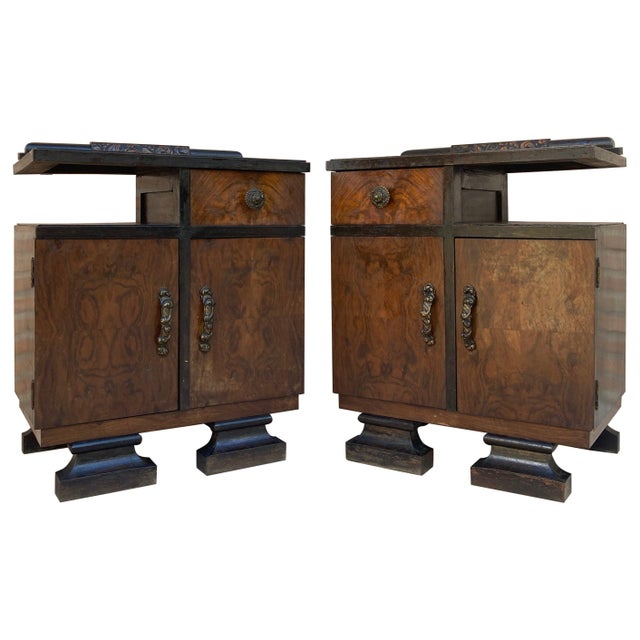 Brown Mid 20th Century Art Deco Nightstands With Ebonized Base, A Pair For Sale - Image 8 of 18
