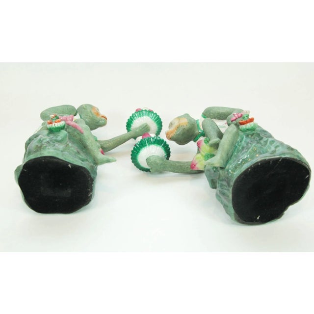Pair of Vintage Chinoiserie Monkey Lotus Candleholders, Painted Resin For Sale - Image 9 of 13