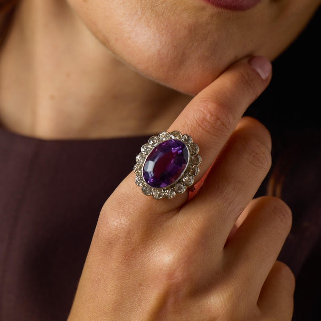 19th Century 19th Century Victorian 11.40 Carat Amethyst Diamond 18k Yellow Gold Cluster Ring, Size 6.25 For Sale - Image 5 of 6