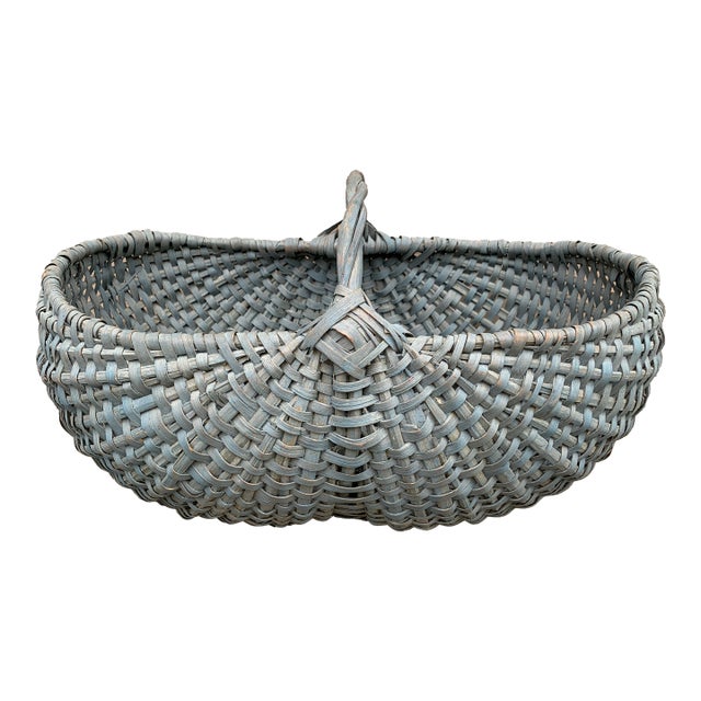 Early 20th Century American Splint Oak Pale Blue Gathering Basket For Sale