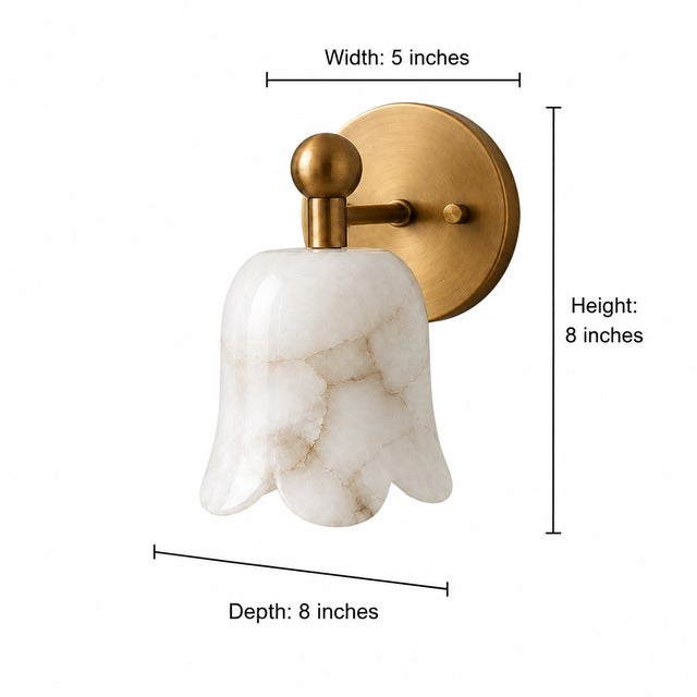 Brass Alabaster Flower Wall Sconces, Brass Ruffle Alabaster Flower Shade, Wall Sconce Marble Wall Light Pair of 2 For Sale - Image 9 of 11