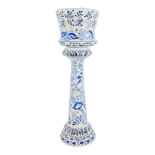 Vintage 1970s Spanish Ceramic Blue & White Reticulated Jardiniere Planter on Pedestal For Sale