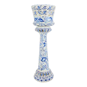 Vintage 1970s Spanish Ceramic Blue & White Reticulated Jardiniere Planter on Pedestal