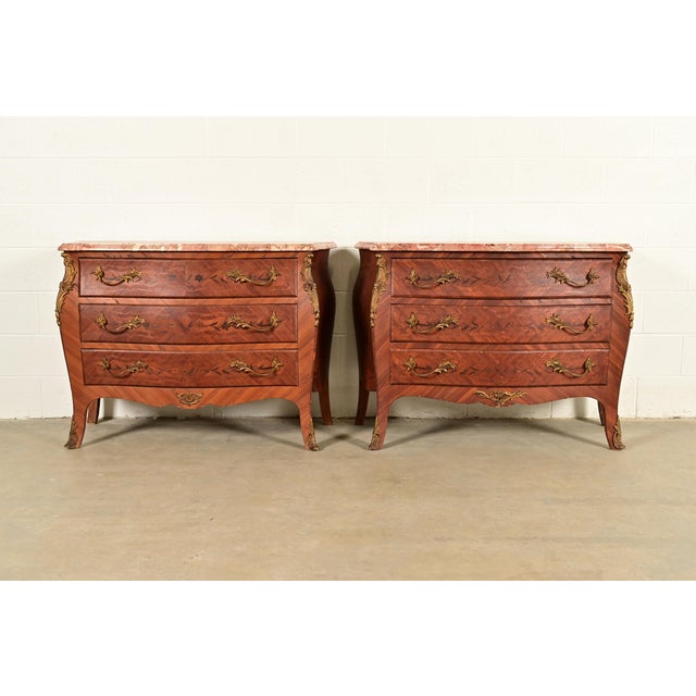 Paul Sormani Style Antique French Provincial Louis XV Kingwood Inlaid Marquetry Marble Top Commode With Mounted Ormolu | Circa 1920s For Sale - Image 16 of 17