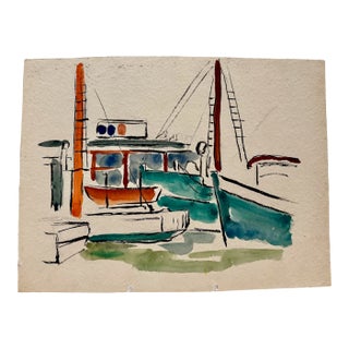 Henry Emil Salloch Original Watercolor on Paper Coastal Maritime Scene. For Sale