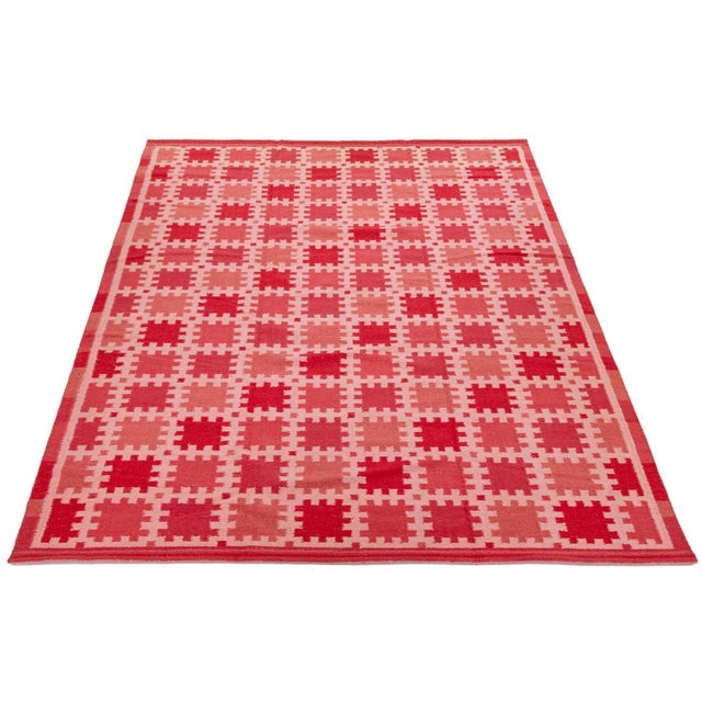 Mid-Century Modern 10x14 Modern Swedish-Style Flatweave Wool Rug – Terracotta & Crimson Geometric For Sale - Image 3 of 10