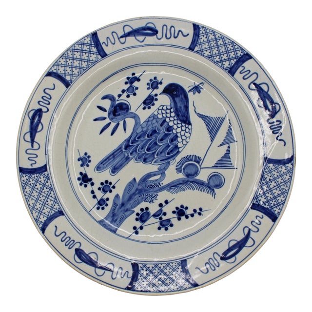 Early 20th Century Dutch Delft Blue and White Bird Charger For Sale