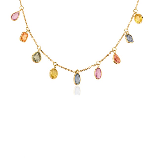 Contemporary 4.45 Ct Natural Multi Color Sapphire Fringe Necklace 18k Yellow Gold by VRJewels For Sale - Image 3 of 13