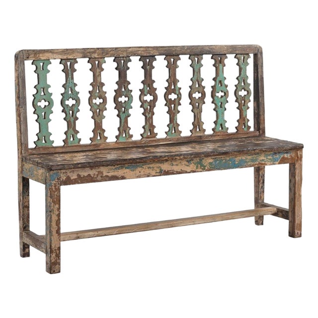 Vintage Indian Painted Teakwood Bench For Sale