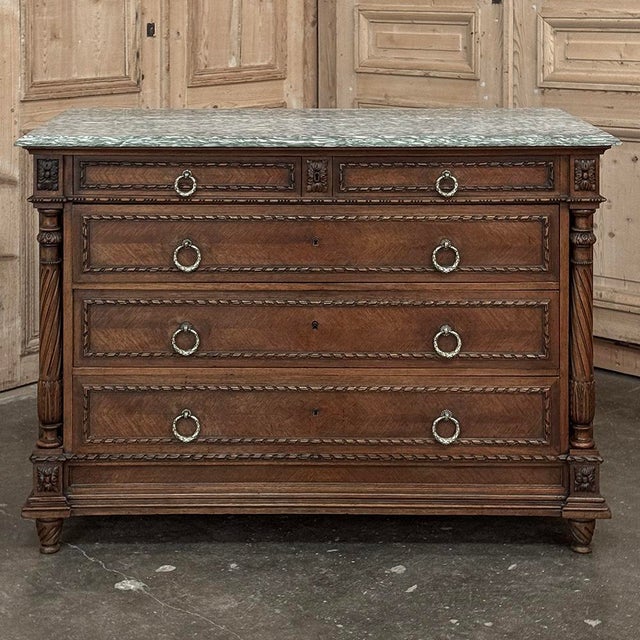 19th Century French Louis XVI Walnut Marble Top Commode For Sale - Image 4 of 16