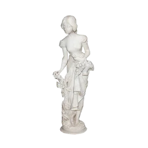 Large Young Girl with Basket of Flowers Alabaster Sculpture, 1900