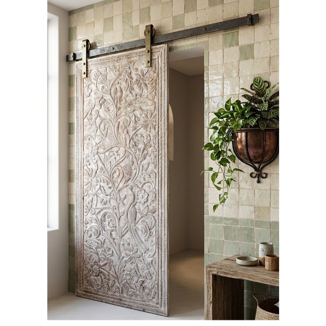 Hand-Carved Tree of Life Wood Door Panel | Vintage Whitewashed Wooden Wall Art 80x36 For Sale - Image 10 of 10
