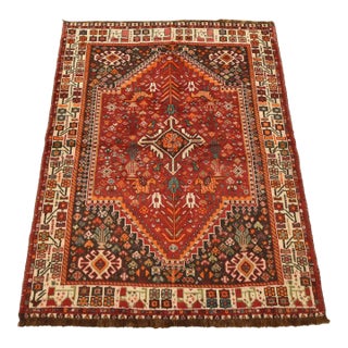 Shiraz Rug 3’10” X 5′ Red Wool Vintage Tribal Hand-Knotted Oriental Carpet For Sale