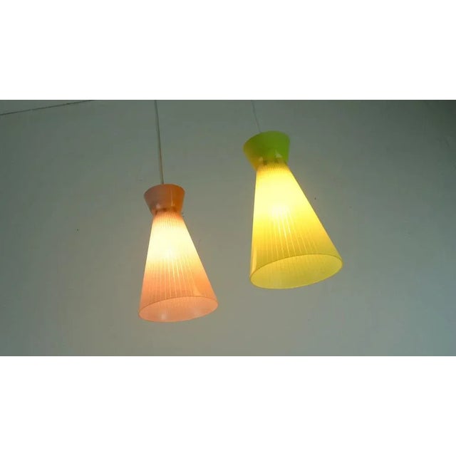 Metal Hanging Lights with Colored Glass Shades, 1950s For Sale - Image 7 of 10