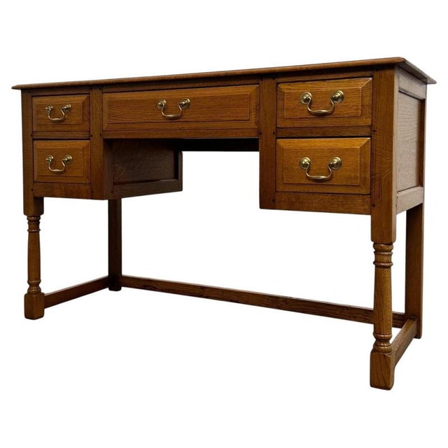 Antique English Oak Writing Table with Matching Stool, 1900s, Set of 2 For Sale - Image 3 of 18