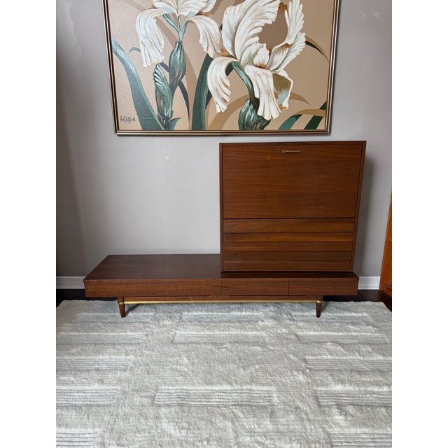 American of Martinsville "Dania" Walnut Modular Bench and Desk/Bar Cabinet by Merton Gershun Gorgeous walnut wood modular...