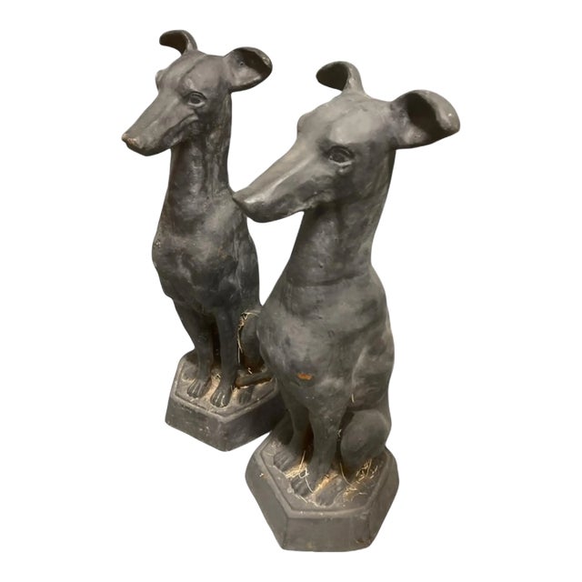 Pair of Large Antique Cast Iron Seated Greyhound Dog Statues For Sale