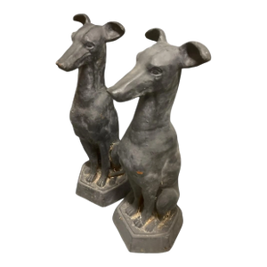 Pair of Large Antique Cast Iron Seated Greyhound Dog Statues