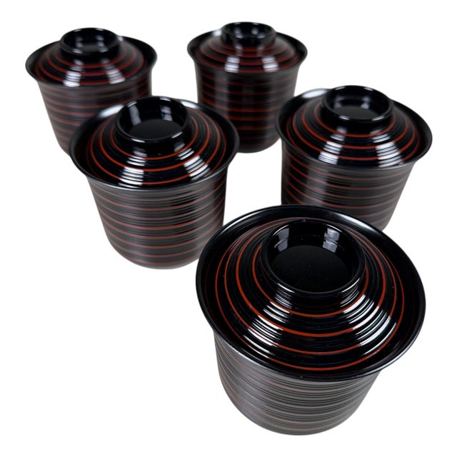 Japanese Ko-Suimono-Wan Lacquer Soup Bowls with Lids, 1970s, Set of 5 For Sale