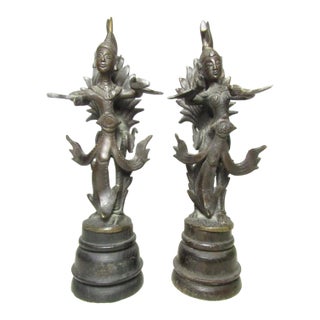 Pair of Antique Thai Bronze Kinnaris Figurines For Sale