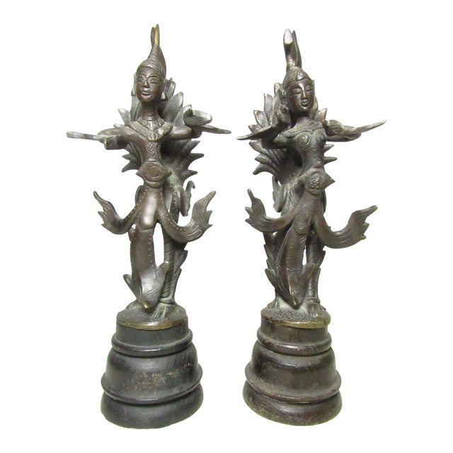 Pair of Antique Thai Bronze Kinnaris Figurines For Sale