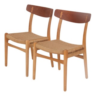 CH23 Chairs in Beech/Teak with Wicker Seats and Wickerwork by Carl Hansen from Carl Hansen & Søn, 1950s, Set of 2 For Sale