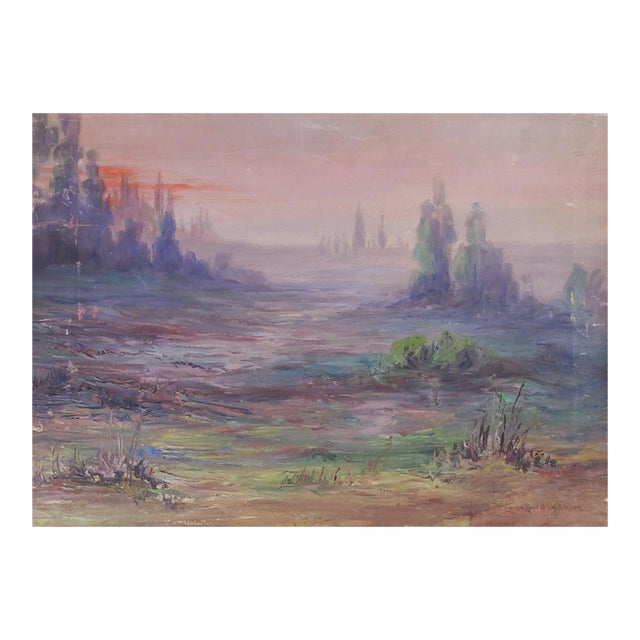 Vintage Impressionist Purple Misty Landscape Painting For Sale